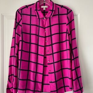 *Brand New* J Crew Silk Button Up Blouse Silk Fuchsia Windowpane Print, Size 6